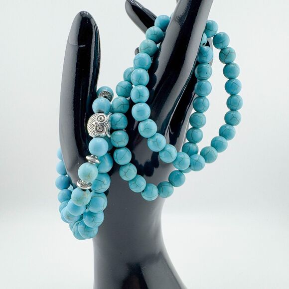 4 Turquoise Bead Bracelets Stretch Owl Stack Layer Southwestern Retro Boho - Picture 1 of 10